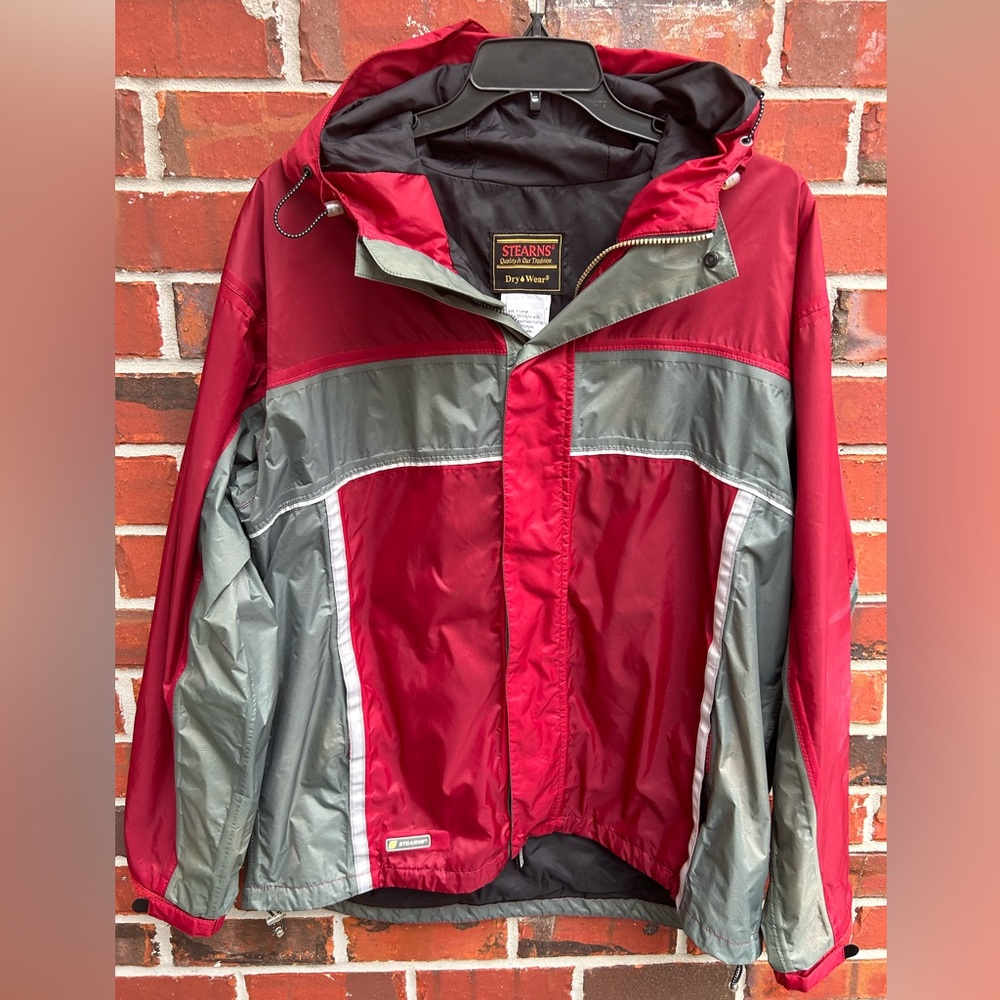 Stearns Dry Wear Zip & Snap Hooded Red & Gray XL Waterproof Nylon Windbreaker